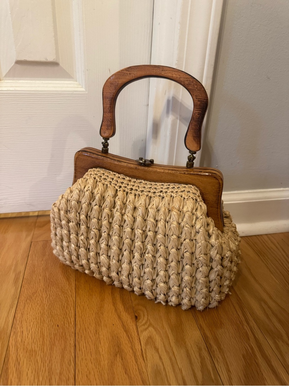 Vintage Gaymode Woven Straw Bag with Wooden Top Handle
